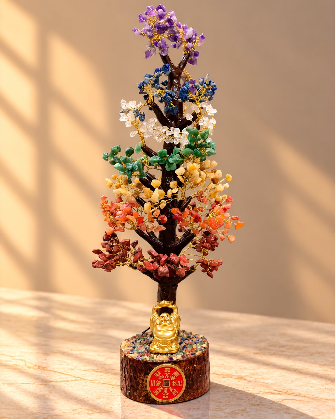 7 Chakra Crystal Tree with Laughing Buddha – Large 17 Inch