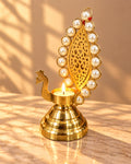 Gold Peacock Tealight Holder with Pearl Jaali Tail – Diya Stand