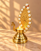 Gold Peacock Tealight Holder with Pearl Jaali Tail – Diya Stand