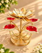 Gold Lotus Tealight Holder with 4 Red Diyas – Diwali Diya Stand