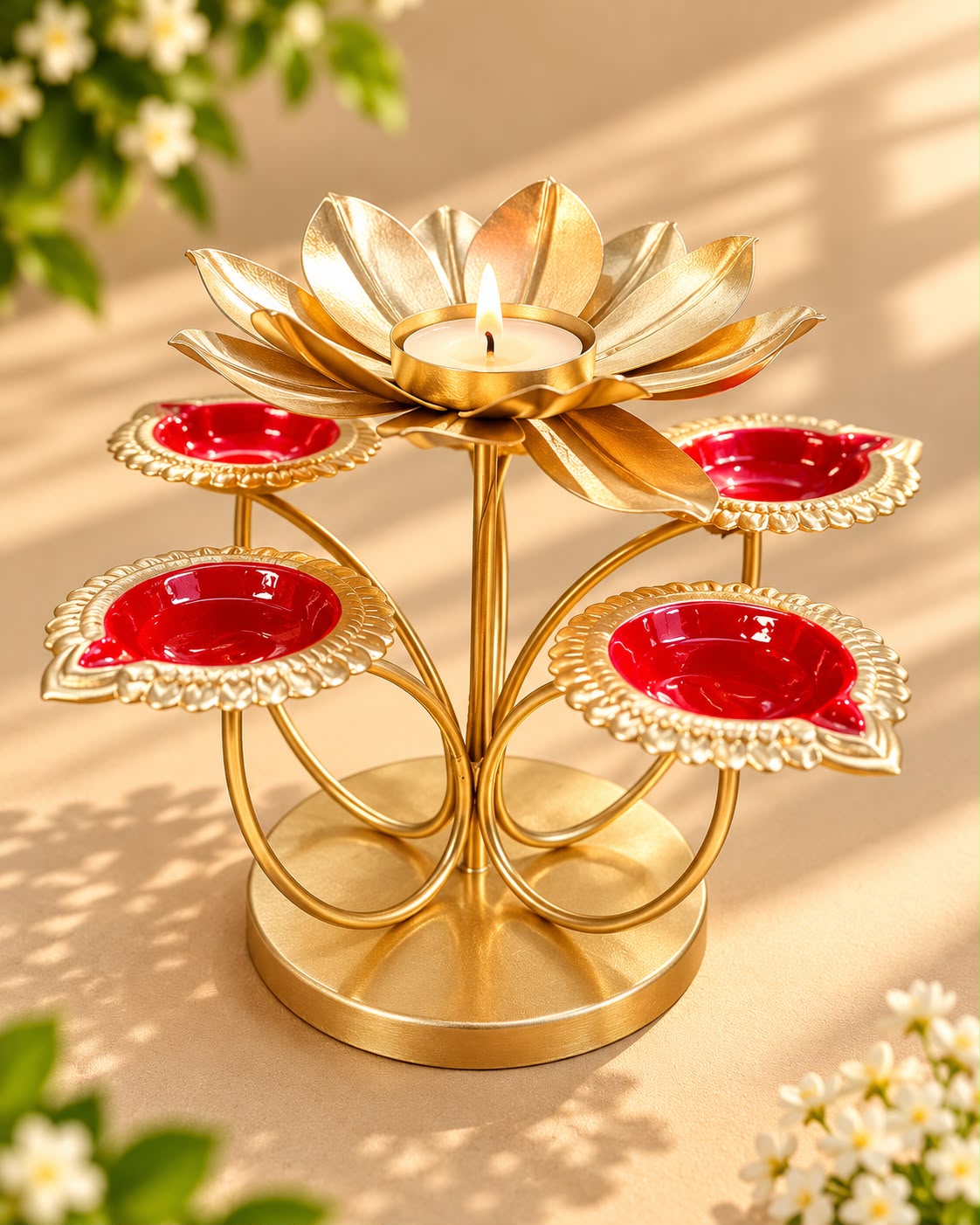 Gold Lotus Tealight Holder with 4 Red Diyas – Diwali Diya Stand