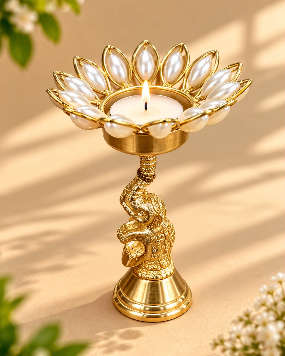 Gold Elephant Tealight Holder with Pearl Lotus – Diwali Diya Stand