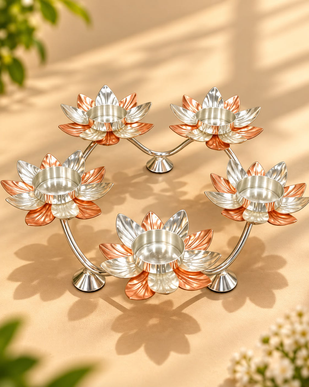 Silver & Copper 5 Lotus Tealight Candle Holder – 13 Inch Ring Stand