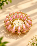 Gold Lotus Tealight Holder with Pink Pearl Beads – Diwali Decor