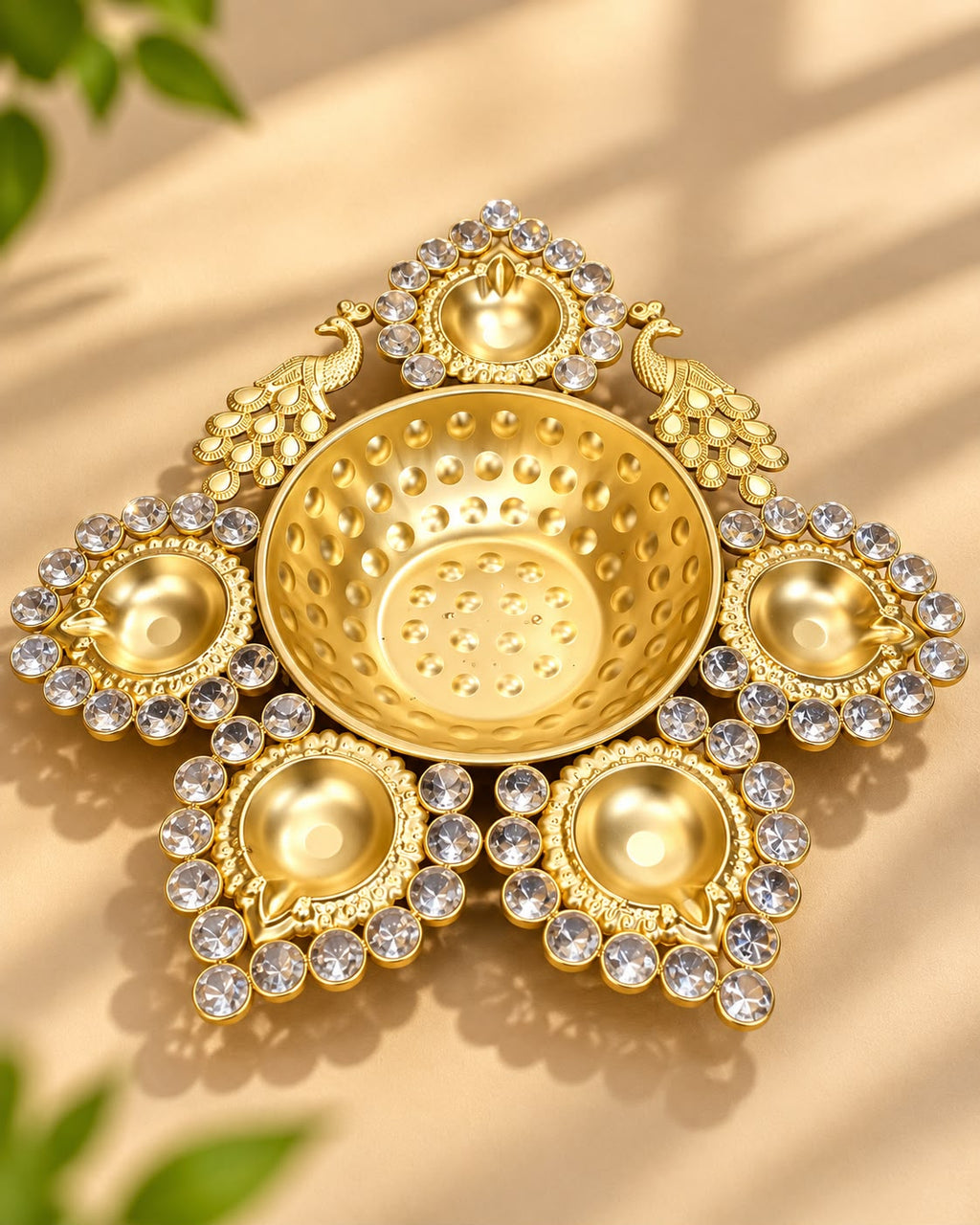 Gold Crystal Diya Urli with 5 Diyas & Peacocks – 13 Inch