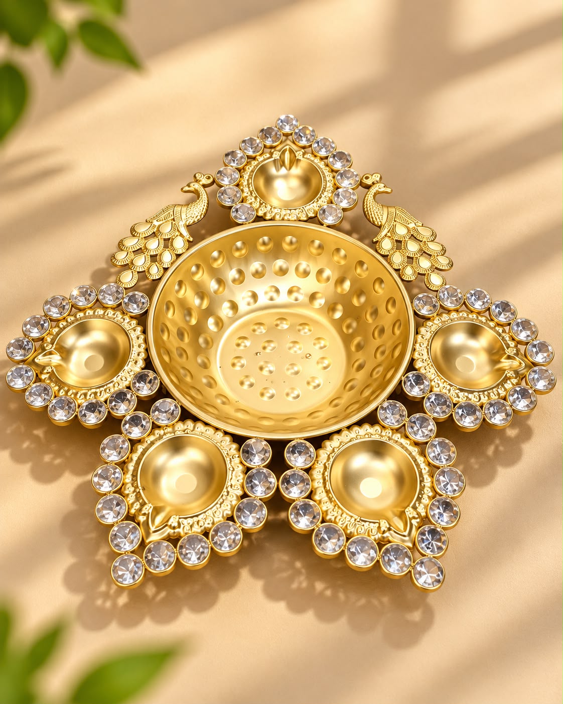 Gold Crystal Diya Urli with 5 Diyas & Peacocks – 13 Inch