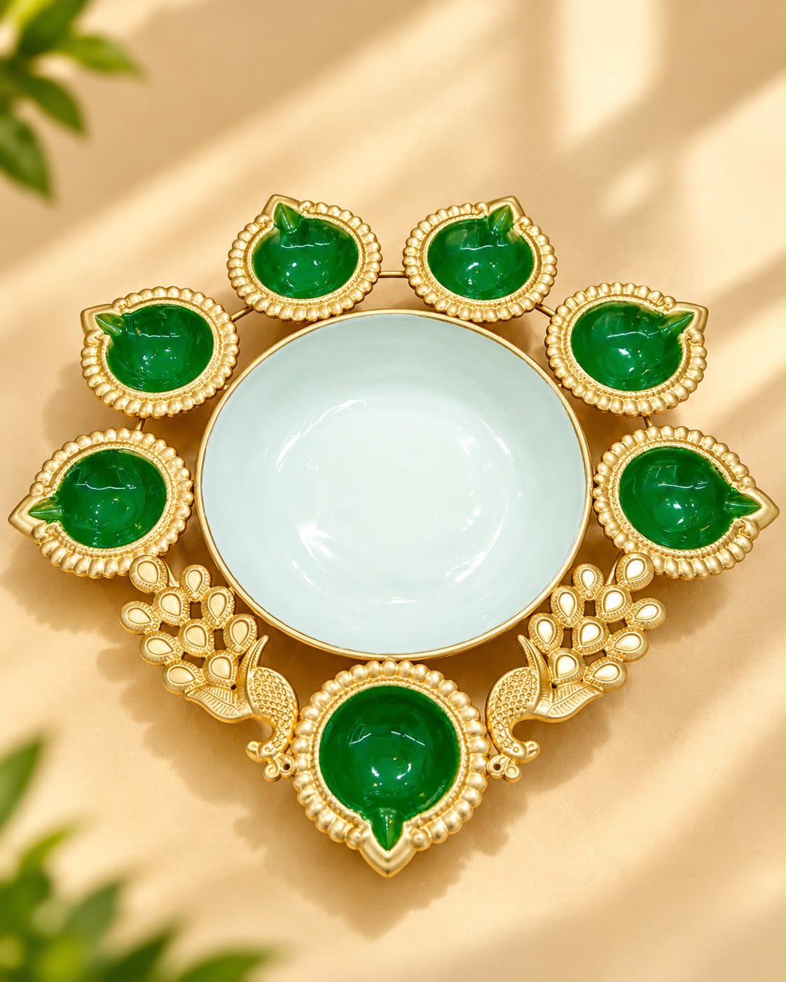Peacock Urli Bowl with 7 Diyas – Green & Gold Diwali Decor