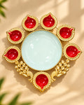 Peacock Urli Bowl with 7 Diyas – Red & Gold Diwali Decor