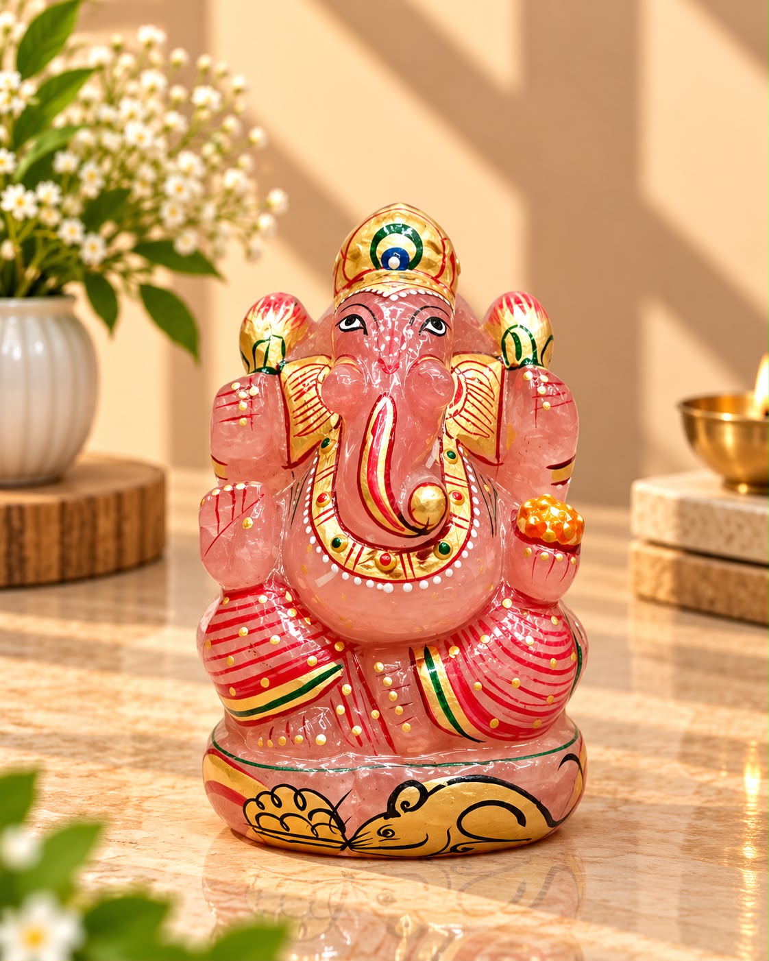 Rose Quartz Ganesh Idol – Hand-Painted Small Murti