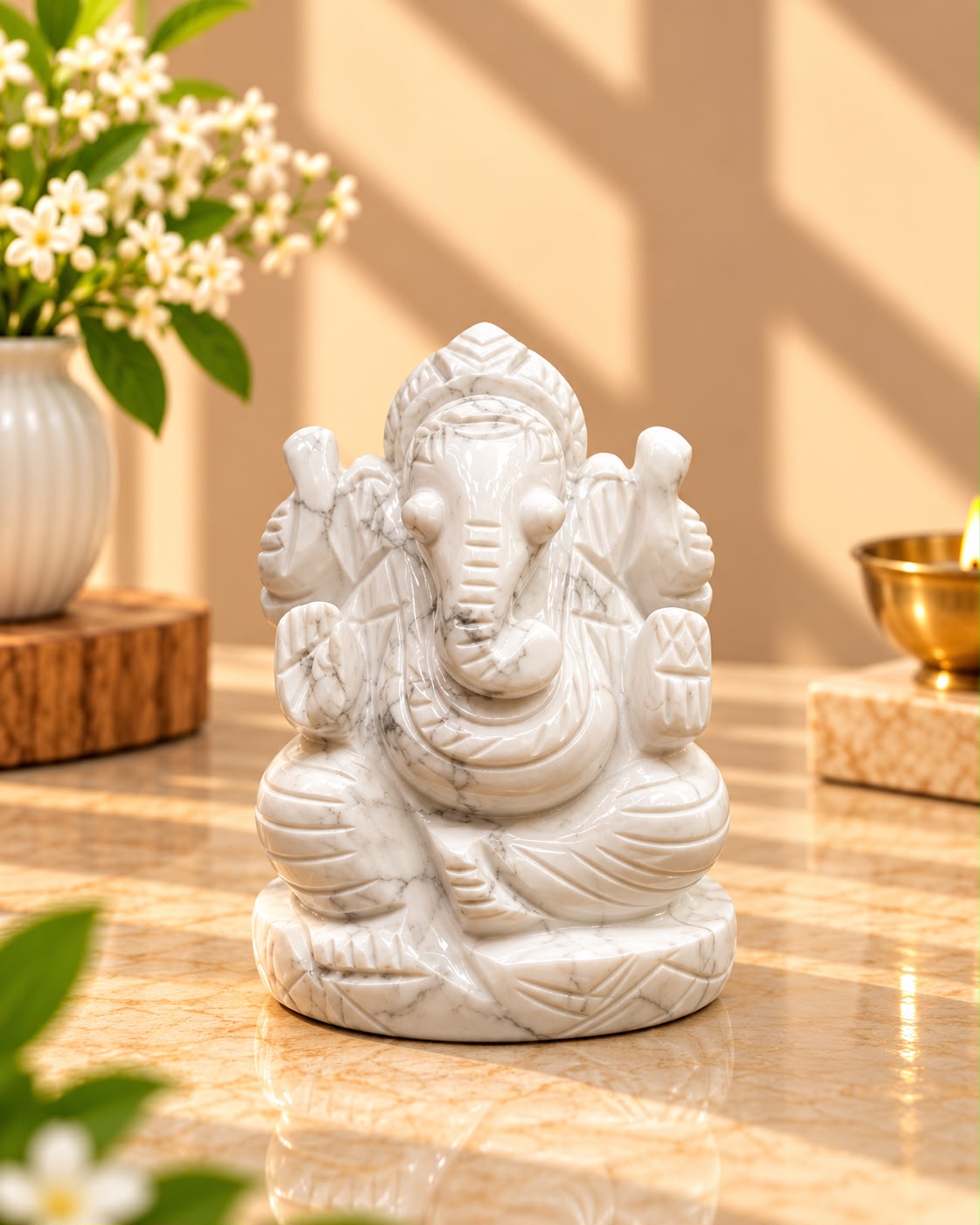 White Stone Ganesh Idol – Hand-Carved with Natural Veins (3 Inch)