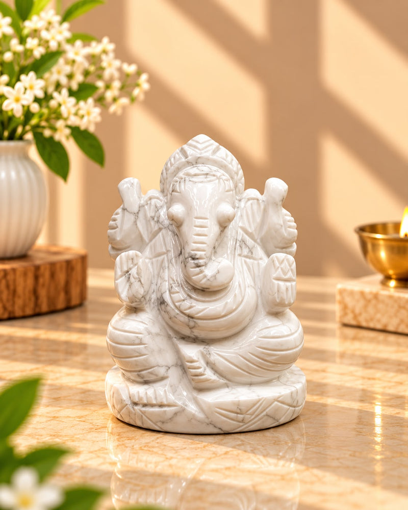 White Stone Ganesh Idol – Hand-Carved with Natural Veins (3 Inch)