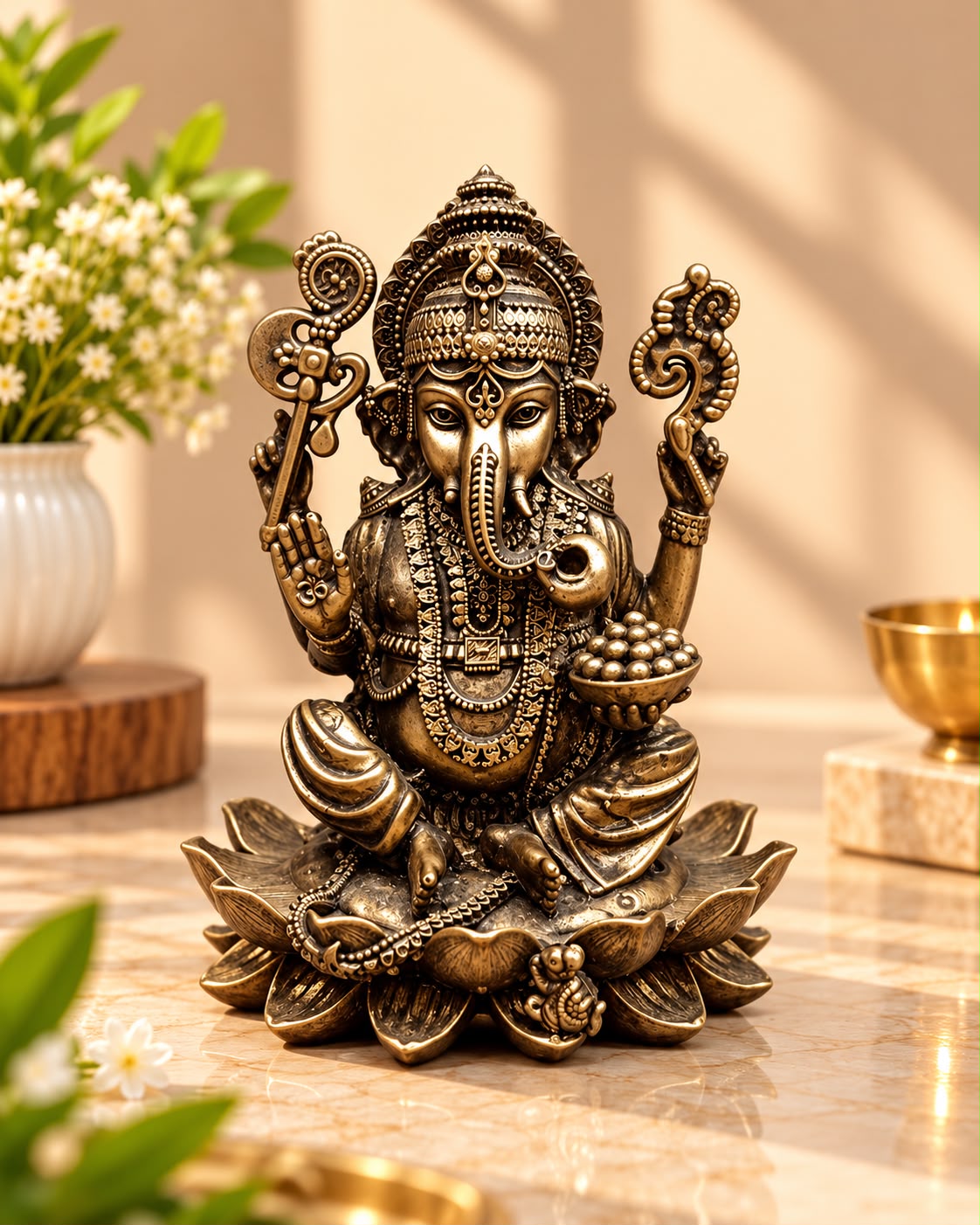 Lord Ganesha Idol on Lotus – Antique Brass Finish (4 Inch)