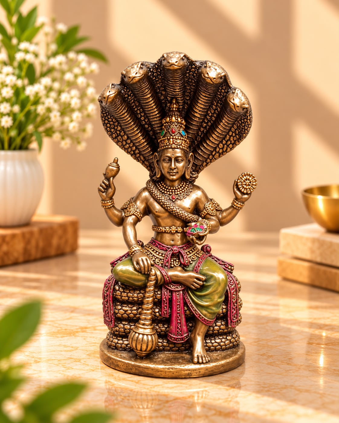 Lord Vishnu Sitting on Sheshnag Idol – Resin Bronze Finish (5.5 Inch)