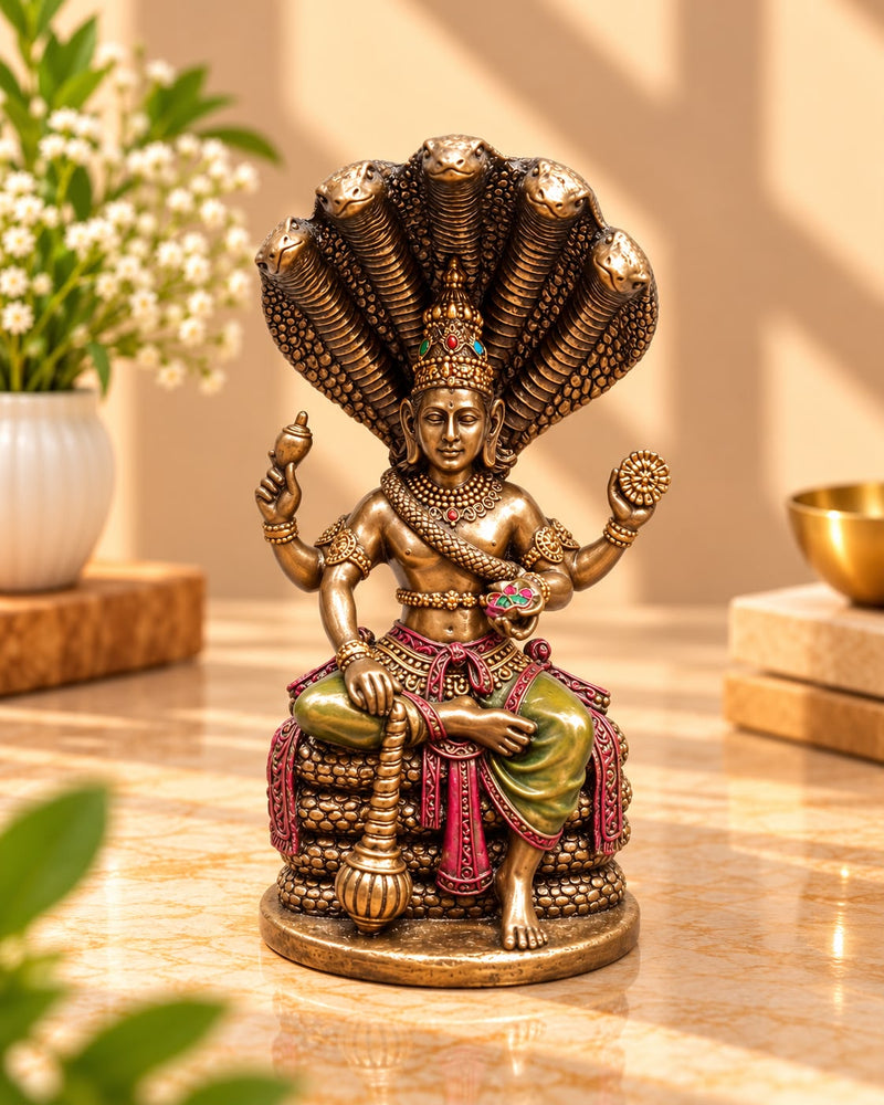 Lord Vishnu Sitting on Sheshnag Idol – Resin Bronze Finish (5.5 Inch)