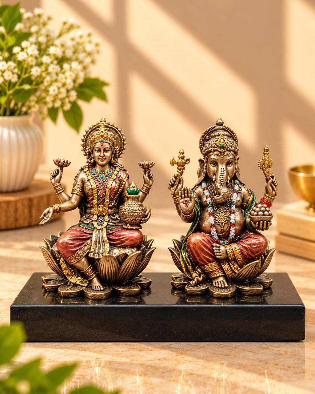 Lakshmi Ganesh Idol Set on Lotus with Base – Bronze Finish