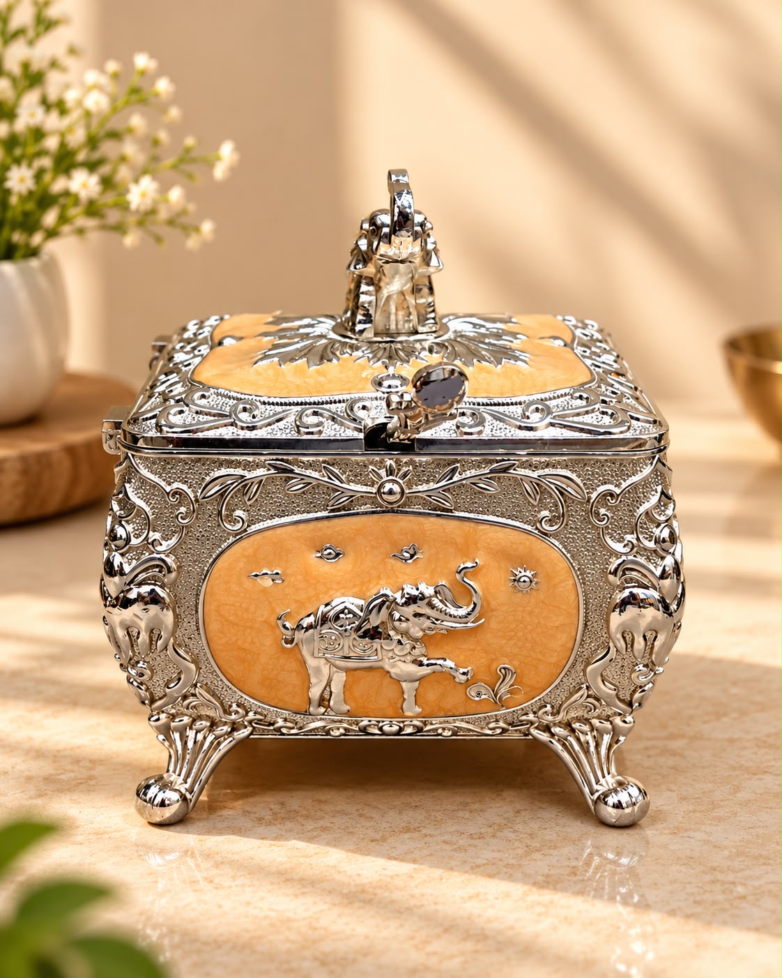 Silver Elephant Square Bowl with Hinged Lid – Royal Decor Box