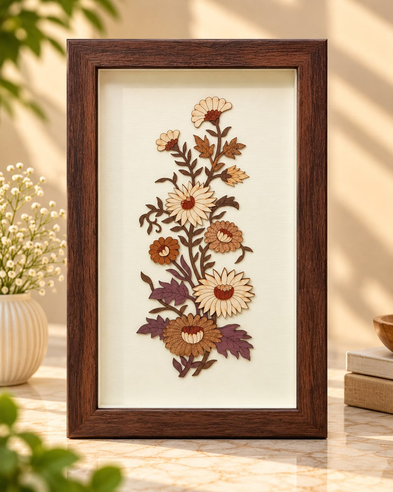Chrysanthemum Floral 3D Wooden Wall Art Frame (12x7 Inch)