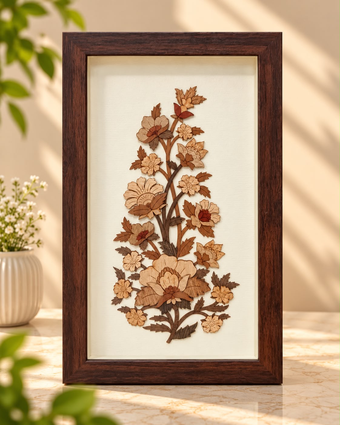 Mughal Floral 3D Wooden Wall Art Frame – Botanical Decor (12x7 Inch)