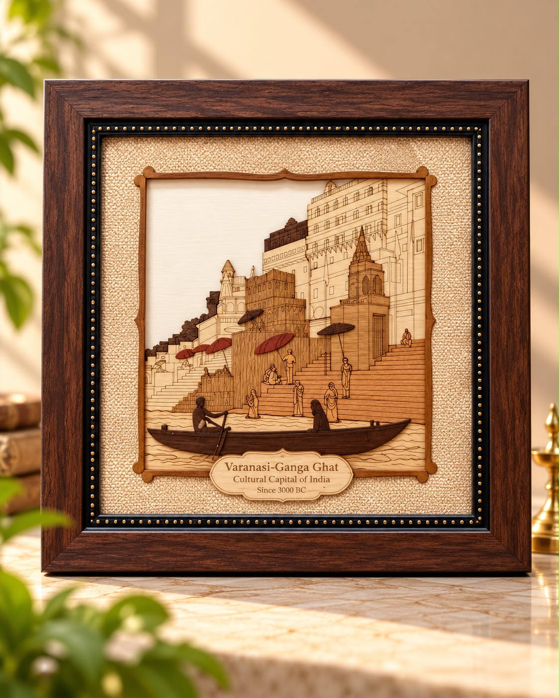 Varanasi Ganga Ghat 3D Wooden Wall Art Frame (8x8 Inch)