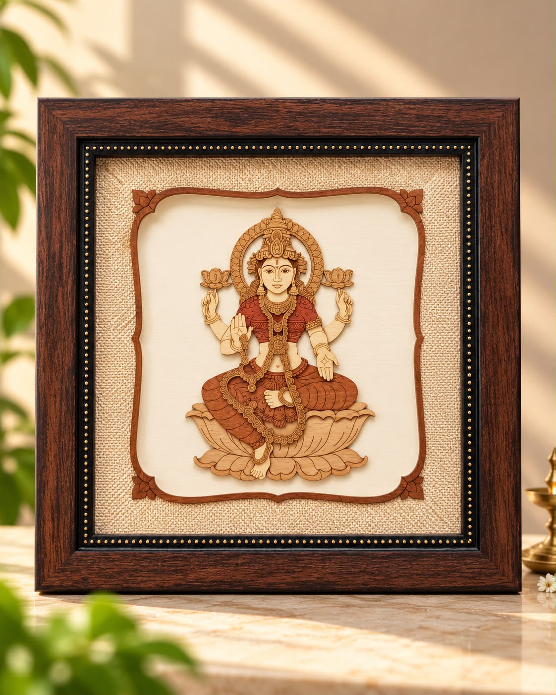 Goddess Lakshmi on Lotus 3D Wooden Wall Art Frame (8x8 Inch)