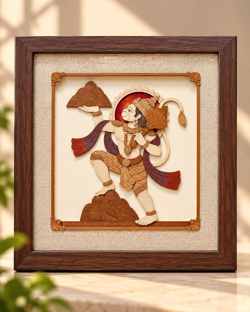 Hanuman Carrying Sanjeevani Parvat 3D Wooden Wall Art Frame (10x10)
