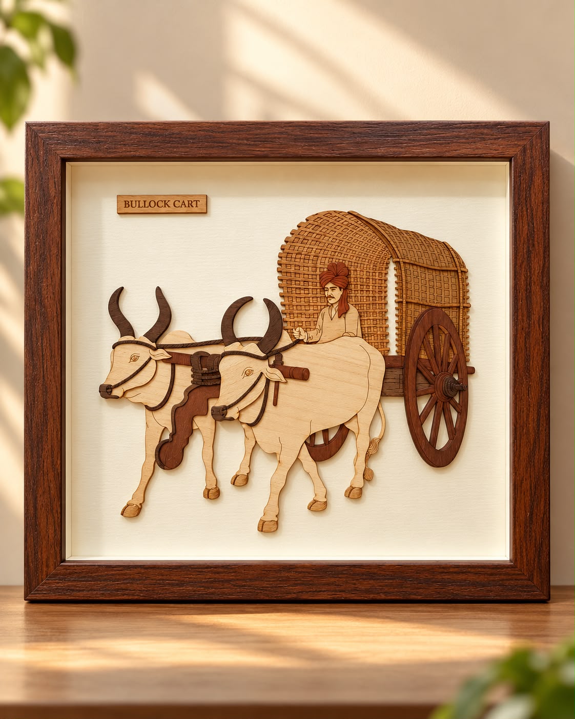 Bullock Cart 3D Wooden Wall Art Frame – Rural India Decor (10x10)