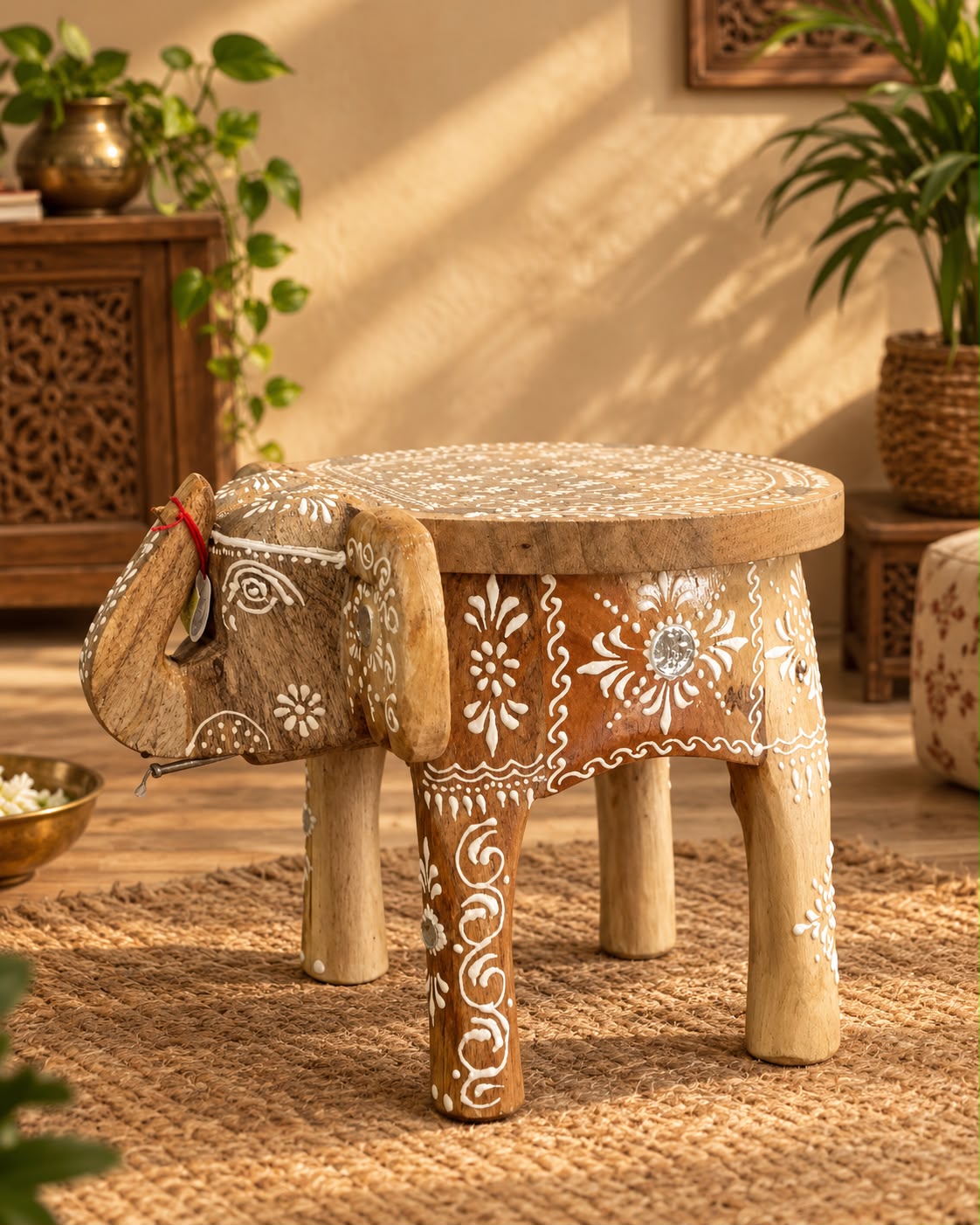 Natural Wood Elephant Stand 8 Inch – White Hand-Painted Art