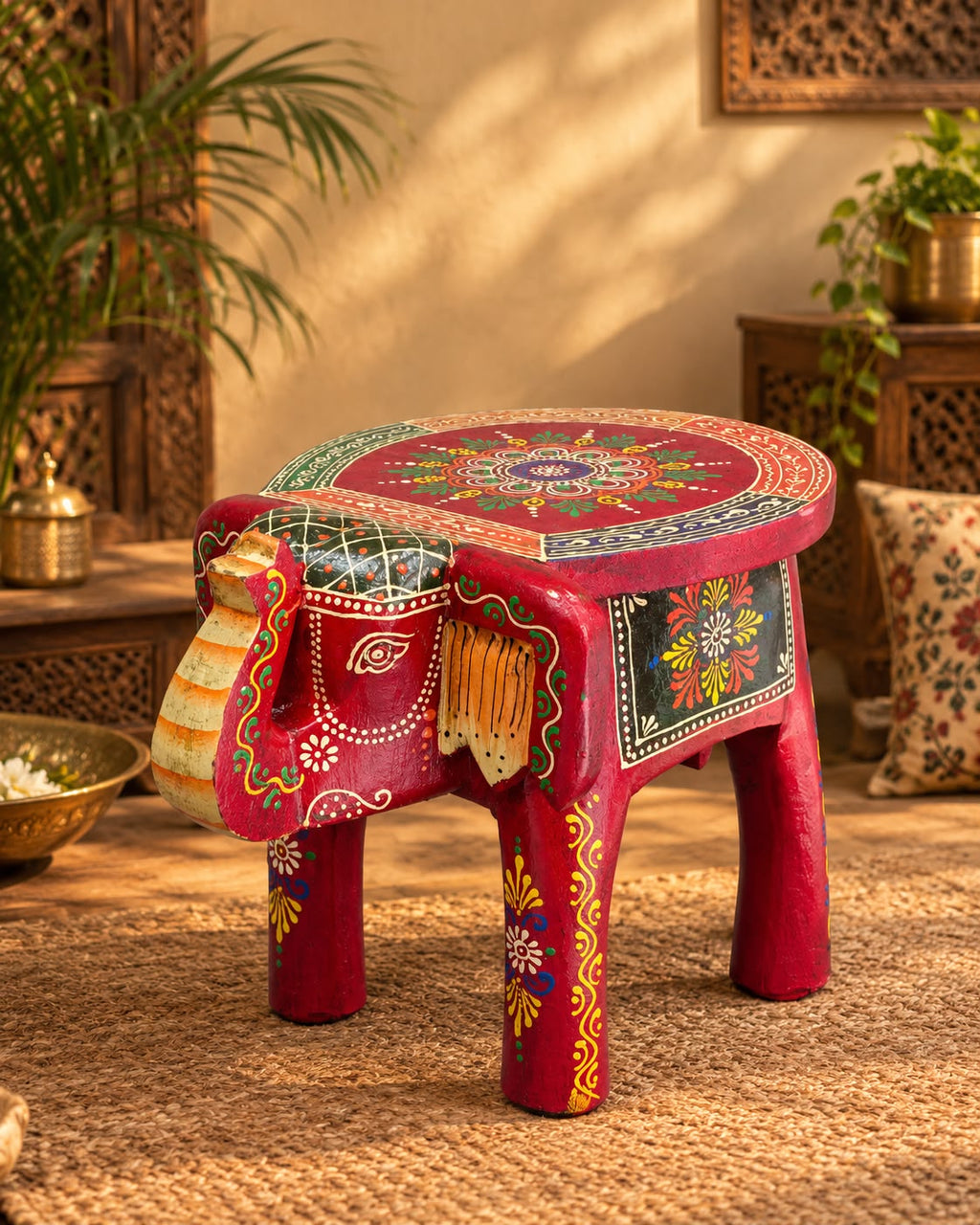 Rajasthani Hand-Painted Elephant Stand 8 Inch – Red Mandala