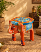 Rajasthani Hand-Painted Elephant Wooden Stand – Orange & Blue