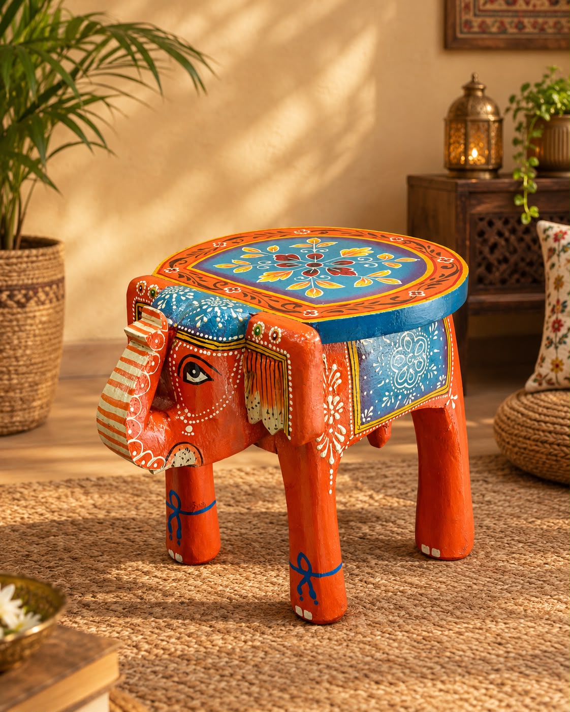 Rajasthani Hand-Painted Elephant Wooden Stand – Orange & Blue