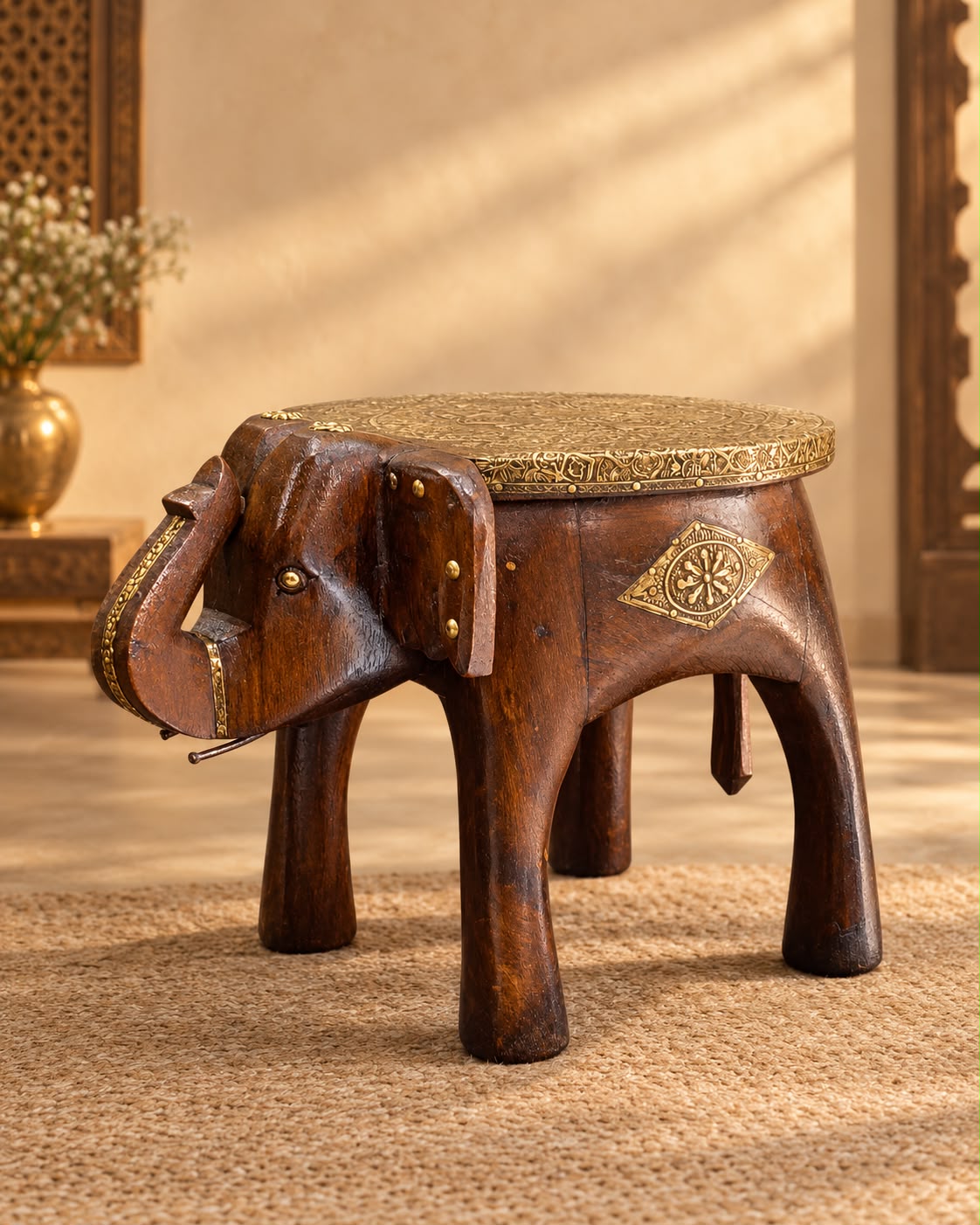 Wooden Elephant Stool with Brass Work – Walnut Finish 8 Inch