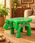 Hand-Painted Elephant Wooden Stand – Green Lotus Design
