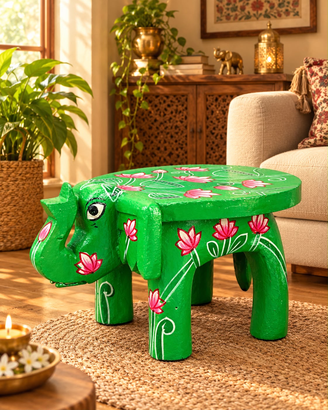 Hand-Painted Elephant Wooden Stand – Green Lotus Design