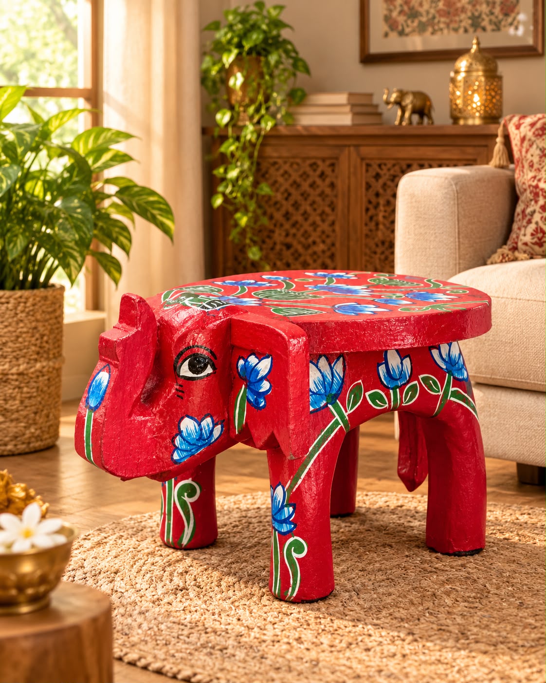 Hand-Painted Elephant Wooden Stand – Red with Blue Lotus