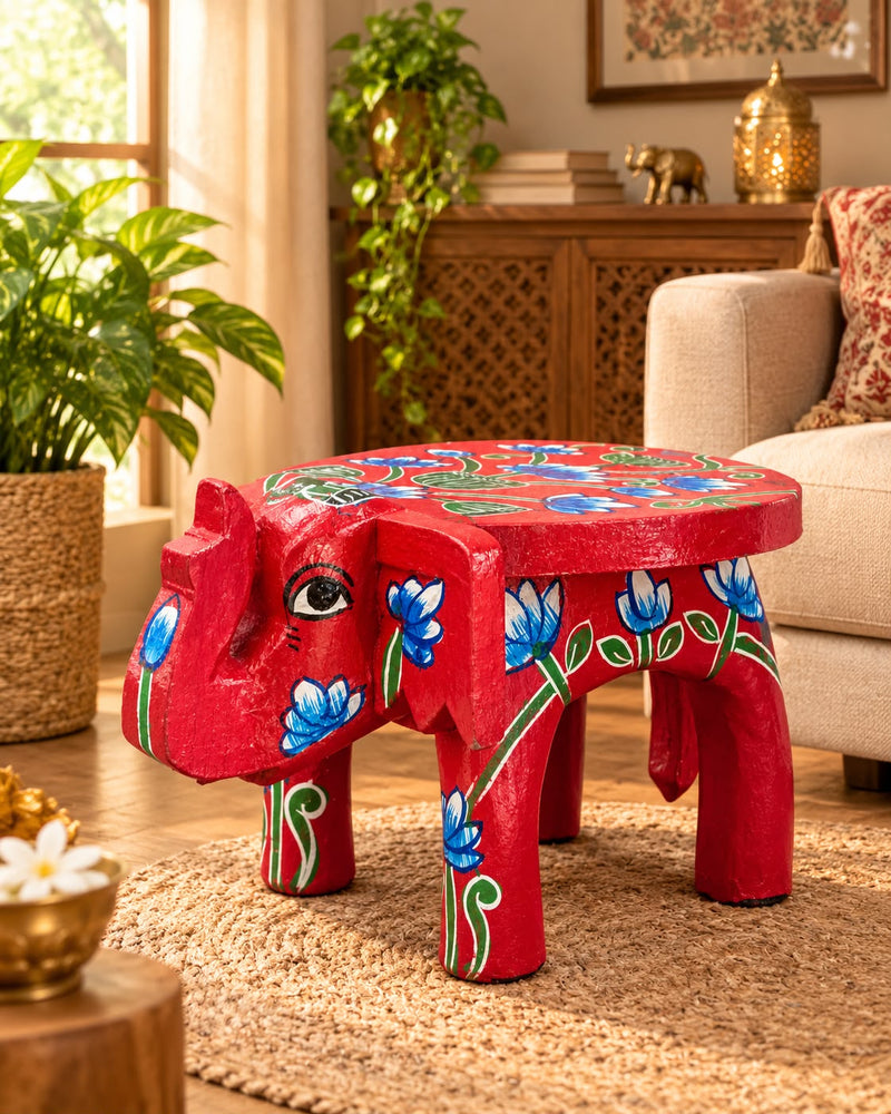 Hand-Painted Elephant Wooden Stand – Red with Blue Lotus
