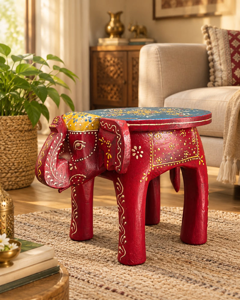 Rajasthani Hand-Painted Elephant Wooden Stand – Red Dot Art