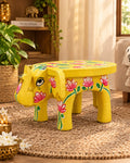 Hand-Painted Elephant Wooden Stand – Yellow Lotus Design