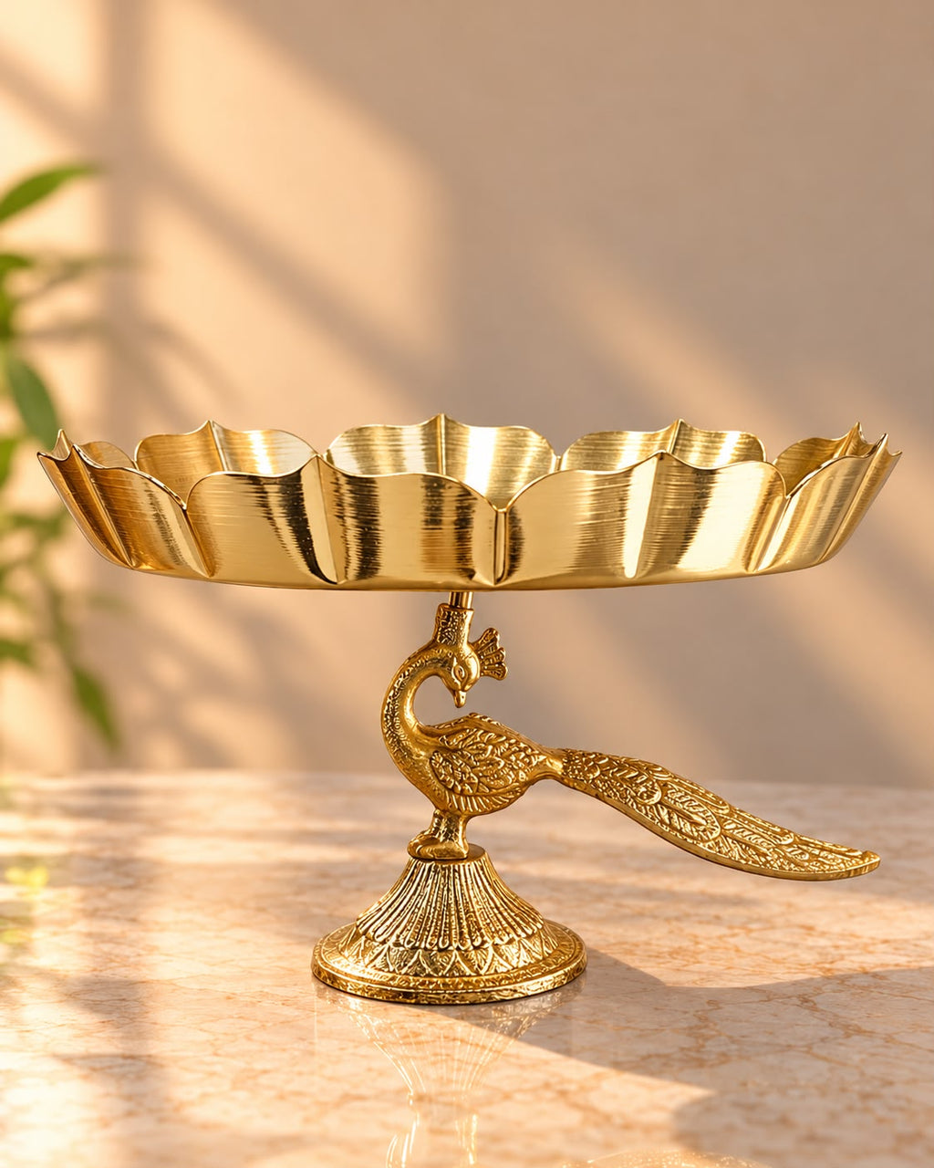 Gold Lotus Urli Bowl on Peacock Stand – Festive Decor