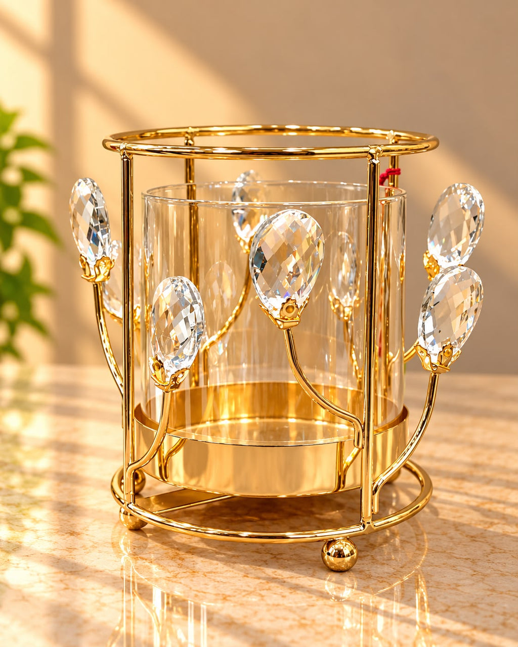 Gold Crystal Bud Candle Holder with Glass – Luxury Decor