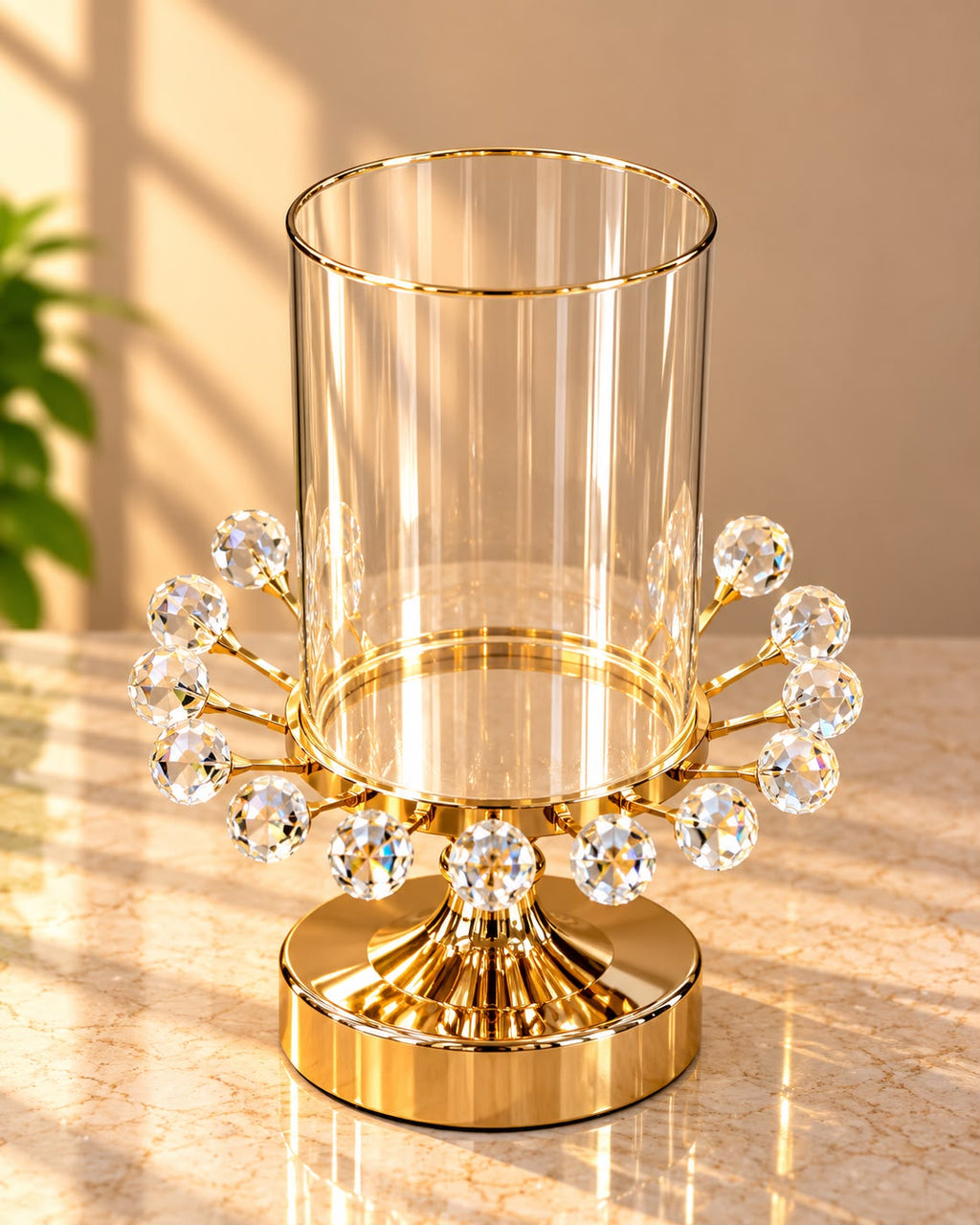 Gold Pedestal Hurricane Candle Holder with Crystal Balls