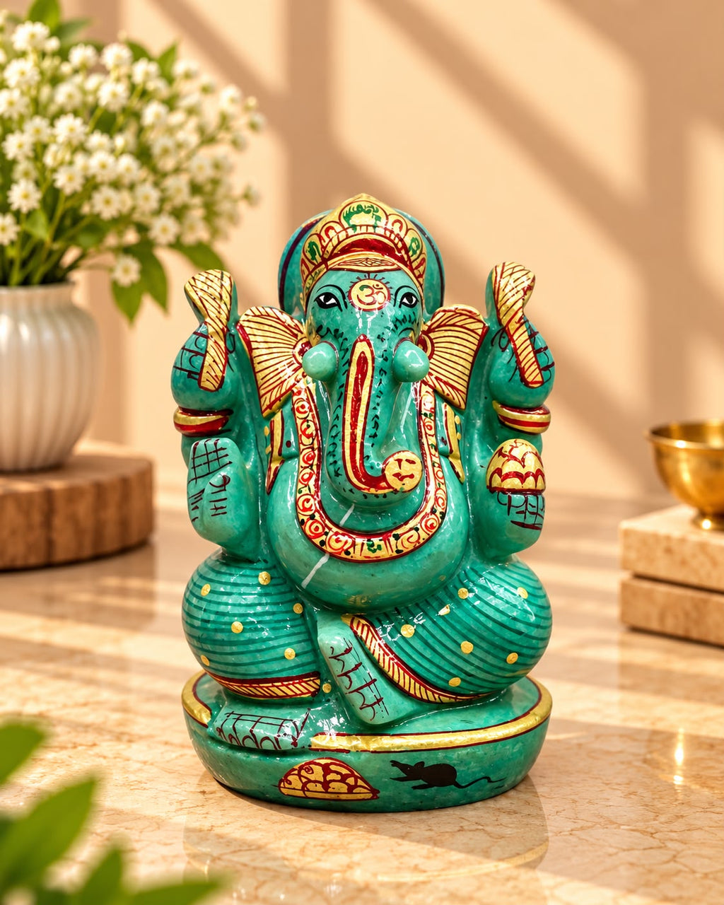 Hand-Painted Stone Ganesh Idol – Green & Gold