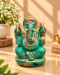 Hand-Painted Stone Ganesh Idol – Green & Gold