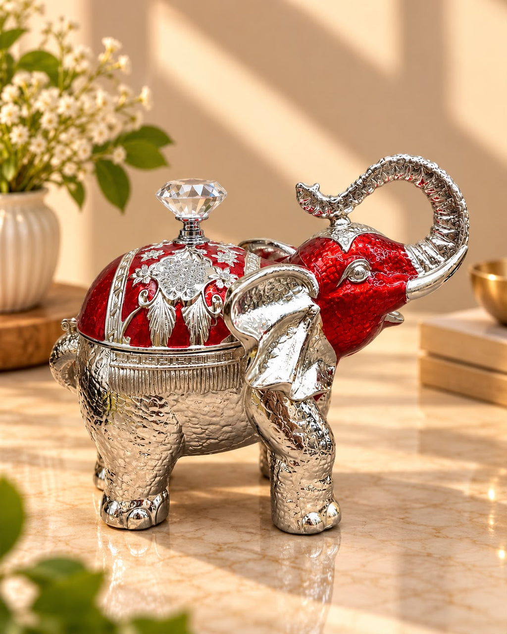 Silver & Red Elephant Bowl with Lid – Crystal Knob Decor