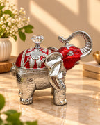 Silver & Red Elephant Bowl with Lid – Crystal Knob Decor