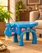 Hand-Painted Elephant Wooden Stand – Blue Lotus Design