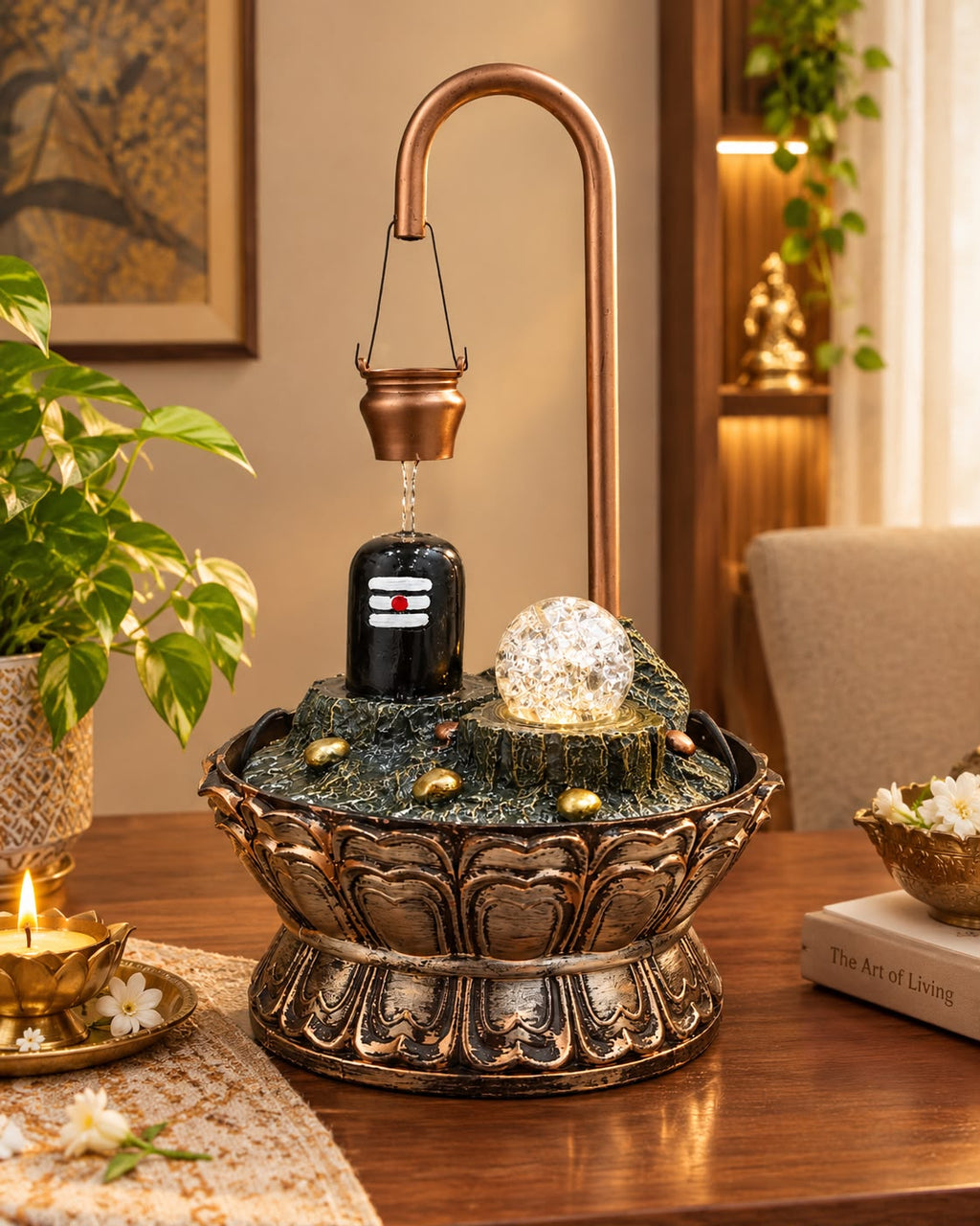 Shivling Water Fountain with LED Crystal Ball – Lotus Base