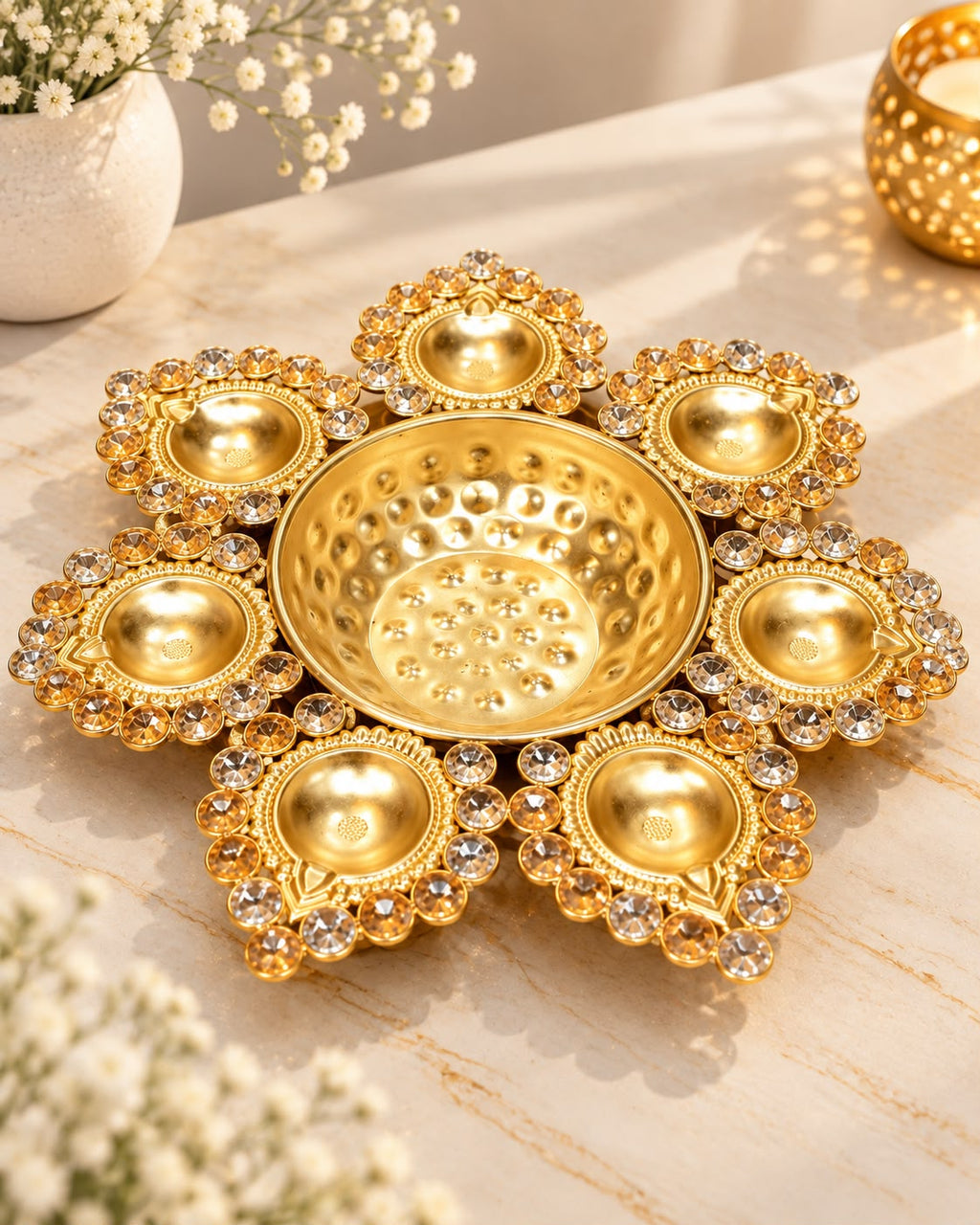 Gold Crystal Flower Urli with 7 Diyas – 13 Inch Diwali Decor