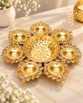 Gold Crystal Flower Urli with 7 Diyas – 13 Inch Diwali Decor