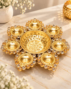 Gold Crystal Flower Urli with 7 Diyas – 13 Inch Diwali Decor
