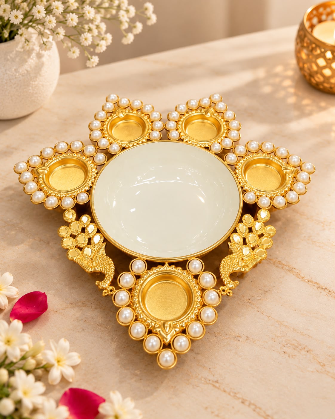 Gold Pearl Diya Urli with 5 Diyas & Peacocks – 13 Inch